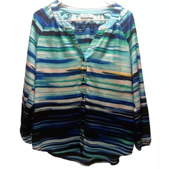 Calvin Klein Women’s Blouse Medium Blue Stripe Button Front V-Neck Long Sleeve - Picture 1 of 10